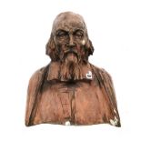 A patinated terracotta bust, late 20th century, depicting a Dickensian bearded gentleman, unsigned,
