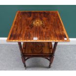 A late Victorian marquetry inlaid satinwood banded and rosewood two tier square occasional table,