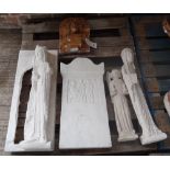 A group of four relief cast plaster panels and a corbel bracket,