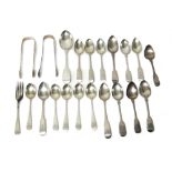 Silver table flatware, comprising; a set of six fiddle pattern Scottish teaspoons, numbered 7-12,