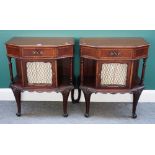 A pair of 20th century inlaid mahogany side tables of canted rectangular form,