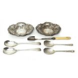 Silver, comprising; a pair of Old English and shell pattern salad servers, Birmingham 1909,