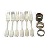 Silver, comprising; a set of six William IV fiddle pattern table forks,