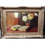 Sybil Chitty (early 20th century), Still life of Chrysanthemums and book, oil on canvas,