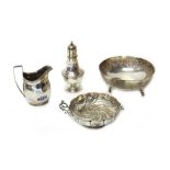 Silver, comprising; a shaped circular dish, with spiral embossed decoration,