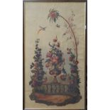 A pair of wallpaper panels, each depicting an urn with still life flowers and exotic birds, framed,