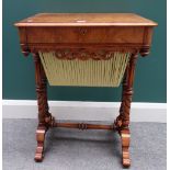 A Victorian walnut work table with single drawer over pull-out wool box on spiral fluted supports,