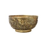 A Chinese bowl, of circular form, decorated with bamboo, floral shrubs and with birds,