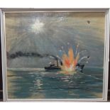 Attributed to Sir Peter Scott (1909-1989), A warship exploding, oil on board, 47cm x 52.5cm.