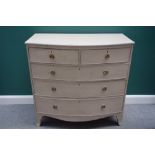 A Regency, later grey painted bowfront chest of two short and three long drawers,
