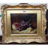 Manner of Oliver Clare, Still life of grapes and peach, oil on canvas, bears a monogram, 18cm x 23.