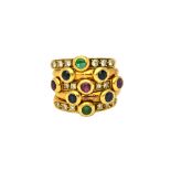 A gold, diamond, emerald, sapphire and ruby set ring, in a five hoop design,