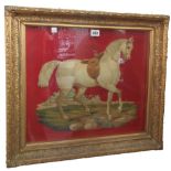 A Victorian raised woolwork picture, depicting a prancing grey horse against a red ground,