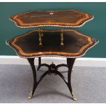 A late 19th century gilt metal mounted marquetry inlaid amboyna banded shaped two tier etagere,