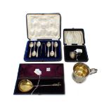 Silver, comprising; a set of six coffee spoons, Sheffield 1932 and a pair of associated sugar tongs,