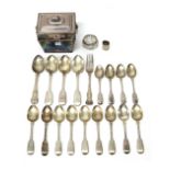 Silver table flatware, comprising; three fiddle pattern dessert spoons,