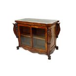A mid Victorian figured walnut free standing display cabinet/bookcase with leather inset shaped red