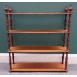 A set of 19th century satin birch four tier hanging shelves on turned yew supports,