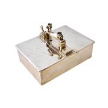 A silver rectangular twin compartment hinge lidded cigar box, fitted with a central carrying handle,