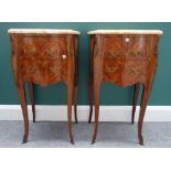 A pair of Louis XV style marquetry inlaid kingwood gilt metal mounted marble topped two drawer