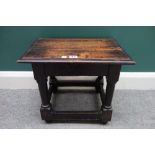 A 17th century and later oak joint stool, on turned supports united by perimeter stretcher,