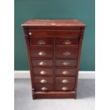 A late 19th century mahogany bank of two rows of six filing drawers, 62cm wide x 97cm high.