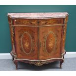 An 18th century style French gilt metal mounted marquetry inlaid walnut and kingwood marble top