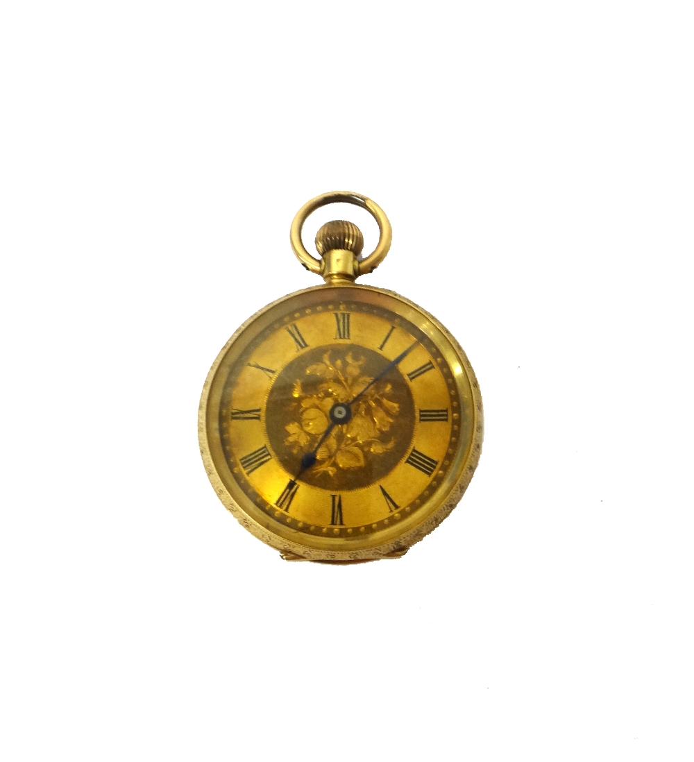 A lady's gold cased, keyless wind, openfaced fob watch, with an unsigned gilt cylinder movement,
