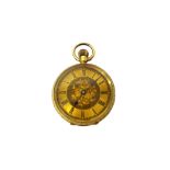 A lady's gold cased, keyless wind, openfaced fob watch, with an unsigned gilt cylinder movement,