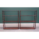 A pair of Regency mahogany four tier open hanging shelves, on turned supports,