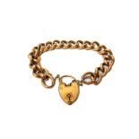 A gold hollow curb link bracelet, detailed 9 C, on a 9ct gold heart shaped padlock clasp,