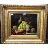 Circle of George Lance, Still life of fruit and flagon, oil on canvas, bears a signature,