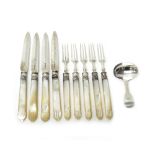 Four silver bladed dessert knives and five silver pronged dessert forks,