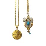 A gold and imitation turquoise pendant, detailed 9 CT, with a 9ct gold faceted oval link neckchain,