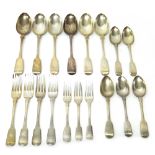 Silver fiddle pattern table flatware, comprising; six tablespoons, four table forks,