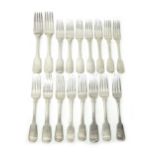 Silver table flatware, comprising; two table forks, London 1817, three dessert forks, London 1826,