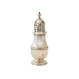 A George I silver sugar caster, of octagonal baluster form, on an octagonal foot,