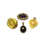 A gold, amethyst and half pearl set oval slide,