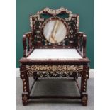 An early 20th century Chinese mother-of-pearl inlaid hardwood open armchair,