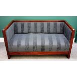 An Art Deco walnut framed square back two seat sofa, 140cm wide x 70cm high.