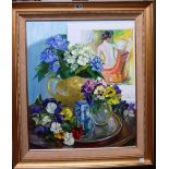 Russian School (20th century), Still life of hydrangeas, pansies and nude study, oil on canvas,