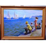 Russian School (20th century), Fishing by the sea with yachts beyond, oil on canvas, signed,