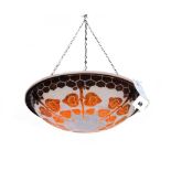 An acid etched glass circular dish light, signed 'Charden', with orange and blue foliate decoration,