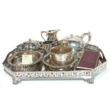 A group of silver plated wares, comprising; a rectangular cut cornered gallery tray,