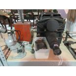 A large 20th century magic lantern style projector and two microscopes, (3).