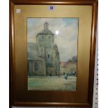 H. Keen (early 20th century), Tower on a Continental square, watercolour, signed, 36cm x 24cm.