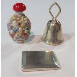 A Chinese snuff bottle, a European silver bell and a silver bookmark case, (3).
