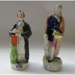 Eight Staffordshire portrait figures, comprising; Dr Raddles (21cm high), two Old Parr, Bloomer,