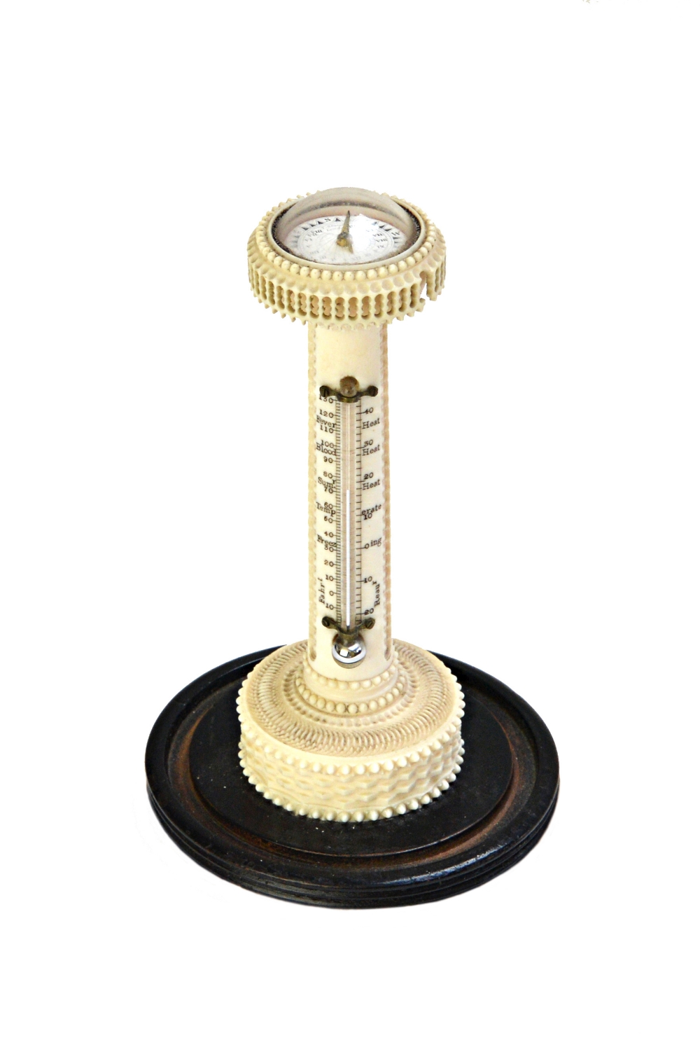 An ivory combined magnetic compass and thermometer desk piece, English, 19th century, 14.