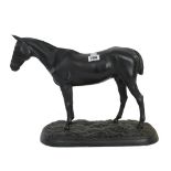 A black painted metal model of a horse, early 20th century, raised on a naturalistic shaped base,